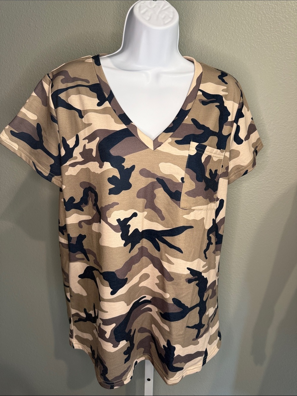 Mazik Women's V-Neck Short Sleeve Tee - Tan, Brown, Black Camo